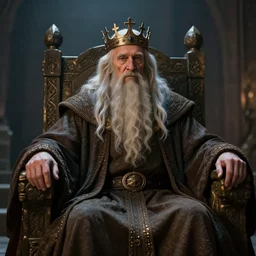 portrait of a gentle and wise dwarf king with a crown with long hairs sitting on his throne in alan lee and marc simonetti and emil melmoth style  , cinematic lighting