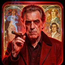 A holographic portrait of a bad guy , older male , smoking a cigar  , tron , inside the machine , red  , max headroom ,by Stanley Artgerm Lau, Greg Rutkowski, Thomas Kinade ,Alphonse Mucha, Loish, Norman Rockwell ,trending on artstation , rule of thirds, golden ratio ,HD 4k