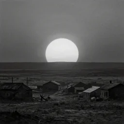 A painting of the sun rising over a barren village. Dark Fantasy. Film Noir. Back and White. High Contrast.