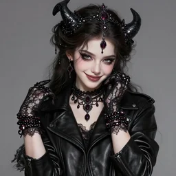 portrait of teenage aphrodite, wicked smile, wearing leather coat, black lace, onyx bracelets, intricate, elegant, sparkling dark jewelry, glowing lights, highly detailed, digital painting, artstation, concept art, smooth, sharp focus, illustration, art by wlop, mucha, artgerm, and greg rutkowski