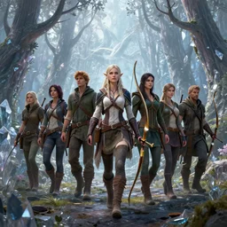 A fantasy matte painting of a group of adventurers walking composed by a female archer elf through a forest of crystal trees, high detail, Miguel Iglesias, Greg Rutkowski, James Daly, ArtStation, Deviantart, Unreal Engine