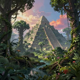 a lush alien landscape with a forgotten ancient pyramid in the distance overrun by nature, trees, moss, vines, water, flowers, vivid sky, alien sky, digital art, matte painting, concept art, cinematic lighting, intricate, epic, depth, artstation, Jessica Rossier, Ted Nasmith, Eddie Mendoza, highly detailed, octane render, 8k,