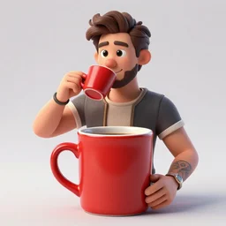 portrait of a ( ( ( large red ceramic mug of coffee ) ) ), ( ( dotado handsome young brazilian prince ) ), drinking coffee, 3 d photorealistic, concept character, by filip hodas