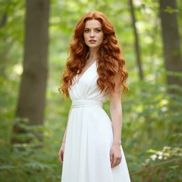 a beautiful red-haired woman wearing a white gown, stands in a bright forest, by Steve McCurry