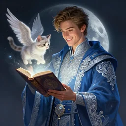 character concept portrait of happy Corbin Bleu as wizard enchanting a winged kitten, a floating spell book in the center, intricate, moon-light glow, intricate silver-blue embroidered robes, elegant, digital painting, concept art, smooth, sharp focus, illustration, from Metal Gear, by Ruan Jia and Mandy Jurgens and William-Adolphe Bouguereau, Artgerm