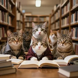 portrait photography of intellectual cats studying in a library, bokeh, low lights, wide angle, highly detailed clothing, trending on artstation.