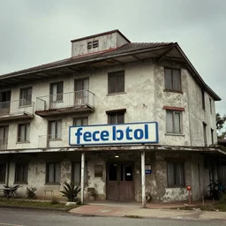photo of a dilapated hotel, spooky resort hotel, sign reads facebook hotel