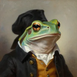 a head and shoulders portrait painting of an anthropomorphic! amazon milk frog wearing a colonial outfit without a hat looking off camera, a character portrait, american romanticism, oil on canvas, soft focus