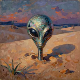a fauvist painting of a strange alien artifact poking out from the sand, late evening light