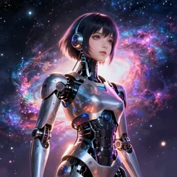 makoto shinkai. robotic android girl. futuristic cyberpunk. dystopia. vibrant nebula sky. cybernetic