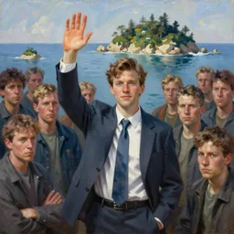 ( ( a beautiful 8 k photorealistic masterpiece oil painting ) ( of ( young professor who is leaving the mainland to go to a new island, waving to the mainlanders ) ( people in in the background are looking the professor in a serious and murderous way ) ) ( hyperrealism ) ( hyper detailed faces ) ( modern art ) ( 1 6 k ) ( trending on artstation )