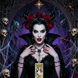 closeup portrait devient succubus gothic varga elvira barb wire megan fox maleficent roses medusa, wicca, ornate arch, druid magical seance, cthulhu, kraken, skulls, spider webs, glamour pose, moebius, gta v, dan mumford, mucha, nagel, tarot card, d & d, new art nouveau, greg rutkowski,