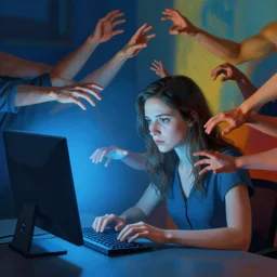 colourful, 3 d, high resolution, fine details, portrait of lonely woman with fine features, on her computer, blue light coming from computer, a bunch of arms are coming out of the computer screen to grab the woman, surrealist, by edward hopper and jeffrey smart and james jean