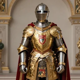 man in 15 century decorated with gold crusader armor and mantle with kingdom of jerusalem insignia