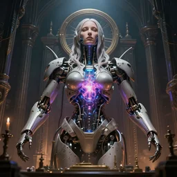 mother ai, hearth of the machine in cyberpunk style, energy core, cybernetic shrine, robot religion, realistic shaded lighting, magali villeneuve, artgerm, rutkowski
