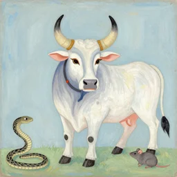 a paining of a funky looking ox facing forward, pastel Colors, under one hoof is a snake and under the other is a rat in the style of classic Indian artwork