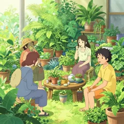 a weed smoker paradise filled with stoners and potted plants, by takehiko inoue and kim jung gi and hiroya oku, by thomas kinkade and greg rutkowski and ilya kuvshinov, masterpiece illustration, ultrarealistic, perfect face and anatomy, golden ratio