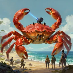 establishing shot of a gigantic crab, laser turret attached on crab, crab is crawling up from the ocean on a beach towards a village, dnd character art portrait, matte fantasy painting, deviantart artstation, by jason felix by steve argyle by tyler jacobson by peter mohrbacher, cinematic lighting