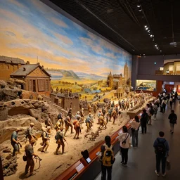 megalophobia!!!!! photo of an exhibit museum room, people waking around a huge realistic tri - dimensional diorama depicting the full history of humanity, national art museum, scientific, ethereal, rule of thirds