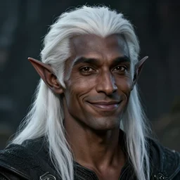 a portrait of a dark drow elf male, medium length white hair, smooth skin, young adult, happy, pointed chin, charcoal color skin, curious, style by donato giancola, wayne reynolds, jeff easley dramatic light, high detail, cinematic lighting, artstation, dungeons and dragons