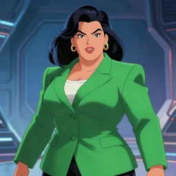 alluring heavy filipina woman character portrait, by don bluth, wearing green blazer, sci - fi environment, highly detailed, dynamic shadows, 4 k, wallpaper - 1 0 2 4