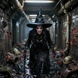 an anamorphic angry witch in an old abandoned subway with toxic waste all around and black water, blair witch illuminated by the flash of the camera, black and white 1 9 5 0 polaroid photography with flash light, grainy film, flash light,