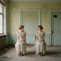 twins in an soviet golden liminal abandoned room, film still by wes anderson, depicted by balthus, limited color palette, very intricate, art nouveau, highly detailed, lights by hopper, soft pastel colors