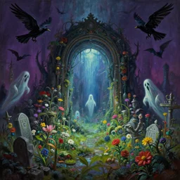 'Life from death' An aesthetic horror dark cyberpunk landscape painting depicting 'A dimensional portal into a graveyard with plants and flowers growing, ghosts + bats and crows  flying around' by Wayne Barlowe, Trending on cgsociety artstation, 8k, masterpiece, cinematic lighting, highly detailed, vibrant colors.