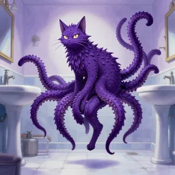 style of steve niles and dean cornwell, loish, purple color theme, cat has spiny ridges tentacles, multiple tails is floating above ground, in bathroom