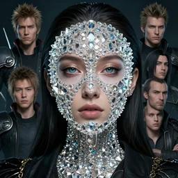 A fancy portrait of a women with a crystal covered face by Greg Rutkowski, beeple, Sung Choi, Mitchell Mohrhauser, Maciej Kuciara, Johnson Ting, Maxim Verehin, Peter Konig, final fantasy, macro lens, 35mm, 8k photorealistic, cinematic lighting, HD, high details, dramatic, dark atmosphere, trending on artstation
