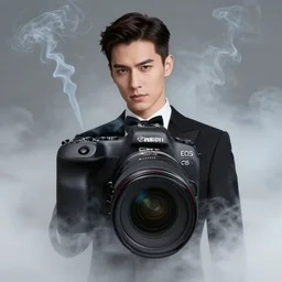Man wearing classy tuxedo inside cloud of smoke, gorgeous face, Canon EOS R3, details, f/1.4, ISO 200, 1/160s, 8K, RAW, unedited