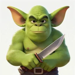 an unusual character of the game. an orc with big ears and a symmetrical face. he holds a knife in his hands. looks at you frontally and wants to kill you. body color green, art, 4 k.