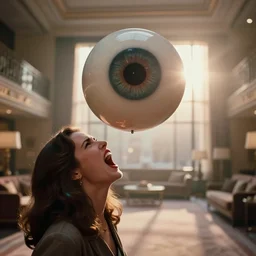 photorealistic close up shot cinematography of a beautiful woman screaming at a giant floating eyeball in the style of the twilight zone shot on film at magic hour with the sun shining into a large 6 0's hotel lobby room filled with volumetric haze by the shining cinematographer john alcott on a cooke panchro 1 8 mm lens.