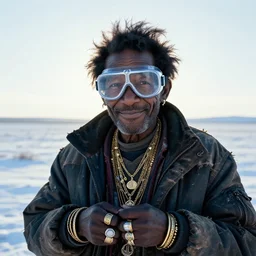 far shot of 1 0 0 year old black man wearing safety goggles, he has a mischievous grin and a tattered moncler jacket and a variety of golden necklaces, bracelets, and rings. his hair is wild and unkempt. cold color temperature, frozen mongolian steppe, backlit,
