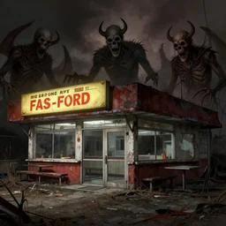 the abandoned fast food restaurant of the dead, demons, hell, artstation