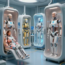 cybernetic healing pods, diverse humans in healing pods, humans in healing pods, from the side, floating bodies, wide wide angle, vivid, elaborate, highly detailed, beautiful lighting