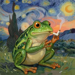 a frog smoking a joint and enjoying a sunset, magical realism, ornate, style of an gogh, realistic, 4k,