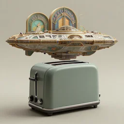 a 3D render of a toaster with a mothership in the background, inspired by Art Nouveau and Art Deco, with a retrofuturistic twist. The mothership is a large, detailed, ornate, and colorful structure, with a toaster in the foreground. The toaster is a small, simple, and unadorned object, with a dull, muted color palette.