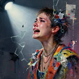 a person crying, side portrait, wearing seven necklaces, passionate, spotlight, dramatic, paint drips, textiles, collage, mixed media, paint splatter, scraps, vibrant colors, futuristic clothing, beautiful eyes, broken glass, digital painting by marco paludet, by jeremy mann, by hannah hoch, by francoise nielly