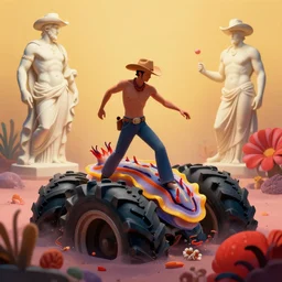 a cowboy turning into blooms by slim aarons, by zhang kechun, by lynda benglis. tropical sea slugs, angular sharp tractor tires. complementary colors. warm soft volumetric light. national geographic. 8 k, rendered in octane, smooth gradients. greek sculpture of a manly cowboy by edward hopper and frank frazetta. red accents.