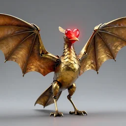 golgari findbroker, a metal bird shaped like a bat with a glowing red heart for a head!, a leathery golden body that folds into itself at the joints and wings spread wide as if it is taking off!!