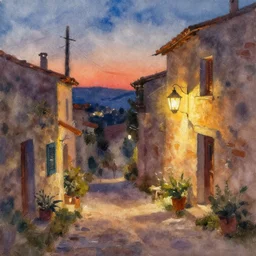 paint brush strokes, abstract watercolor painting of rustic mediterranean village at nightfall, lantern, ambient lighting, art by hans dahl, by jesper ejsing, art by anders zorn, wonderful masterpiece by greg rutkowski, cinematic light, american romanticism by greg manchess, creation by tyler edlin