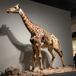 ancient dinosaur specimen of a paleolithic giraffe, on display in a fossil museum