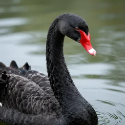 a great black swan with the head of an ape, in the lake. portrait photography, high definition, 4 k, 8 k, popular on national geographic, highly detailed feathers.