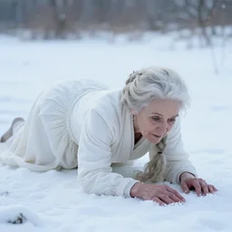 a frozen elder woman in white dress crawling in a swamp with snow, cinestill 8 0 0 t 3 5 mm black and white, heavy grain, high quality, high detail, mud, foggy, by andrei tarkovsky