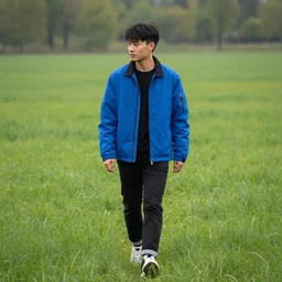 guy in blue jack walking in a field