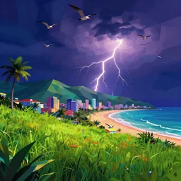 low angle, low poly, surrealist lights, psychedelic water colors, grassy hills background, tropical 🏝 city with a beach, night with thunder and lightning, nautical birds in the sky