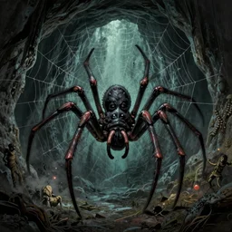 atlach - nacha, giant spider creature, spider web, a deep cave entrance, dreamland, arkham horror, terrific, insane, creepy dungeon, lovecraft illustration, particles, by asher brown durand, by yoshitaka amano