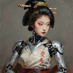 an epic fantastic realism comic book style portrait painting of a japanese robotic geisha with kanji tattoos and decals, apex legends, octane render, intricate detail, 4 k hd, unreal engine 5, ex machina, irobot, gerald brom