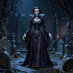 photo taken of an epic intricate, ultra detailed, super realistic stop motion puppet of a majestic gracious regal aristocratic brunette female vampires in a graveyard filmset created by weta workshop and tim burton, menacing, wide angle, moody night time shots, photorealistic, sharp focus, gloomy, extremely cold blueish colour temperature, 3 5 mm, f 1. 4